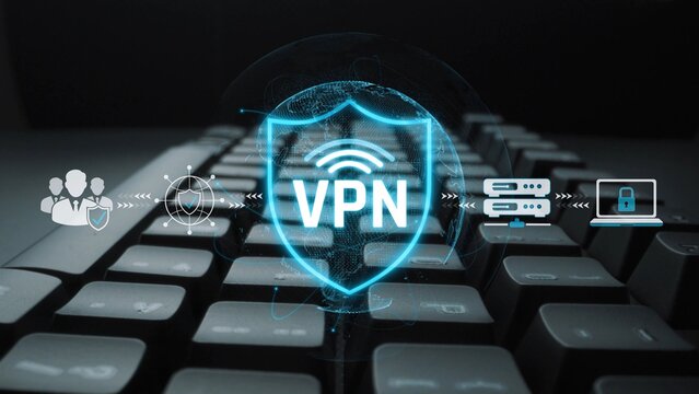 Digital VPN Security Concept with Shield Graphic, Computer Keyboard, Network Protection, Data Privacy, Internet Safety Illustration Sigmoid