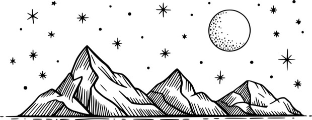 満月の星空の下の山脈を特徴とする白黒の手描き図 © Abdullah_43