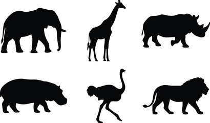African savanna animals vector silhouette bundle with elephant giraffe rhino hippo ostrich and lion isolated shapes © MstKhodeza