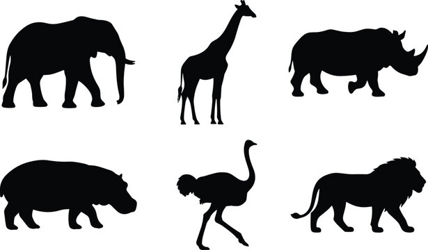African savanna animals vector silhouette bundle with elephant giraffe rhino hippo ostrich and lion isolated shapes