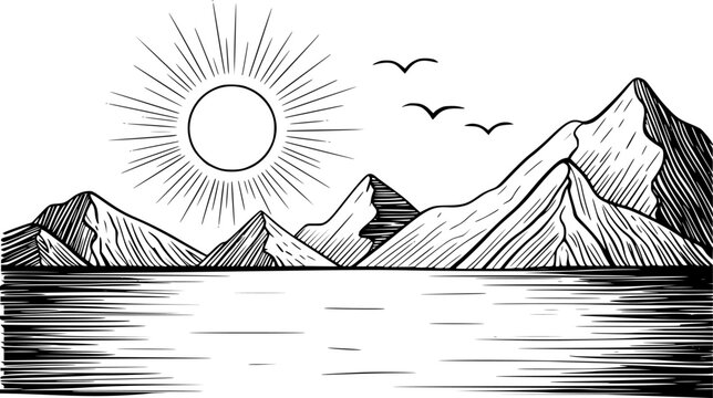 山、輝く太陽、鳥を特徴とする白黒の手描きの風景