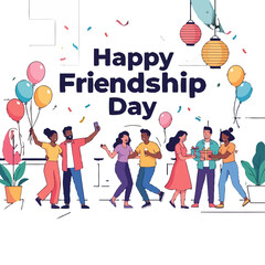 Obraz premium Happy Friendship Day celebration vector, diverse group of friends partying with balloons and confetti, festive social gathering illustration