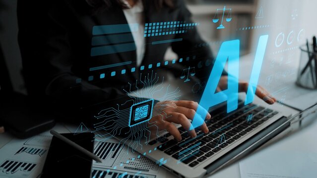 AI circuit microchip with glowing blue lines, surrounded by legal scales, warning symbols, data sheets, and binary codes, representing ethical AI, AI governance, and data integrity Marrow