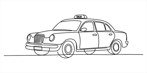 Black and white line art drawing of a classic taxi cab car with a sign on the roof for a transportation or city travel theme coloring page design © Next to Work