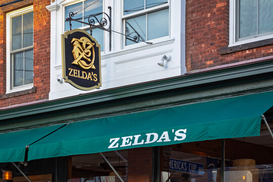 Exterior of Zelda's restaurant with hanging sign, on October 12, 2025, Newport, Rhode Island, USA