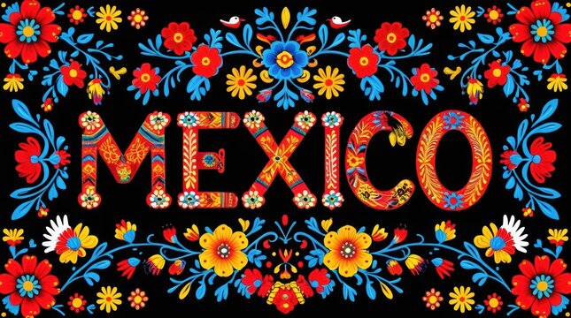 Colorful Mexico word with traditional floral embroidery patterns
