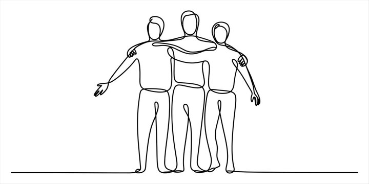 Three friends standing together in a hug drawn with a single continuous line style showing unity and teamwork among people for business or social concepts