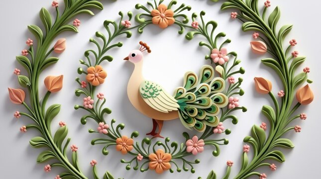 Decorative peacock bird illustration surrounded by a floral wreath frame