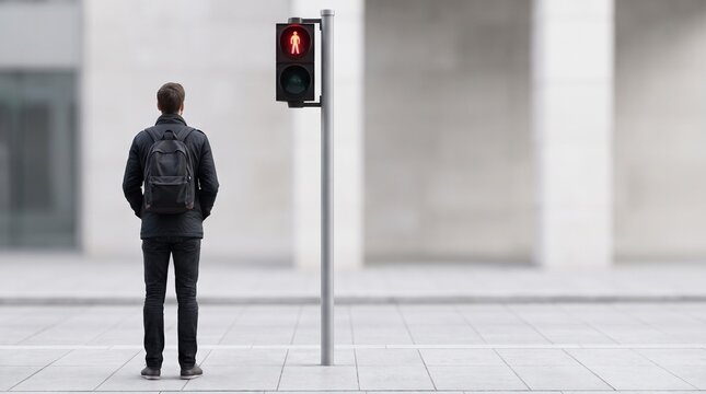 Man with a backpack stands at an urban crosswalk, patiently waiting for the red traffic light to change, a quiet moment of pause and anticipation in the city