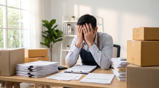 Overwhelmed small business owner feeling the immense pressure of managing an e-commerce startup, surrounded by countless boxes and a mountain of paperwork