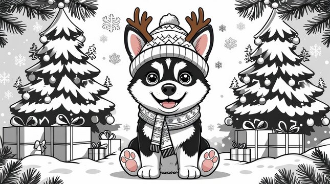 Cute husky puppy wearing a hat and scarf with Christmas trees and presents