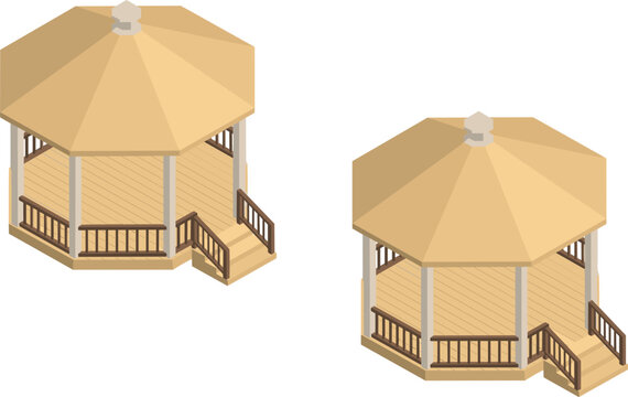 Isometric wooden gazebo pavilion collection, outdoor park shelter vector illustration isolated editable garden architecture design set