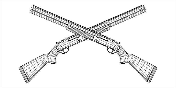 Two crossed shotguns in a wireframe 3d technical line drawing style representing hunting gear or firearm equipment as a detailed digital black vector illustration