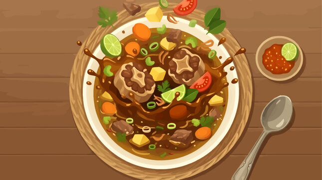 Dynamic Overhead Shot of Oxtail Soup Ingredients Splashing into a Bowl on a Wooden Table, Traditional Indonesian Cuisine with Fresh Lime and Chili Sauce