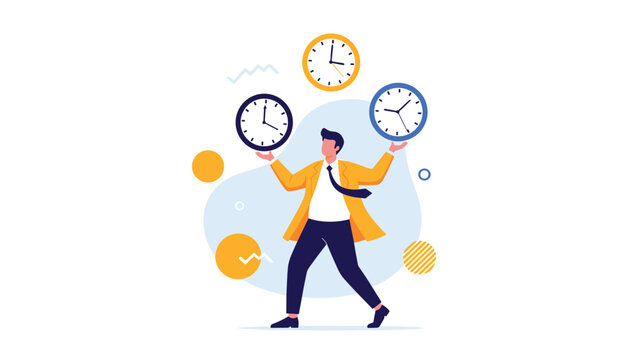 Businessman juggling three clocks, symbolizing effective time management, multitasking skills, and balancing multiple priorities in work.