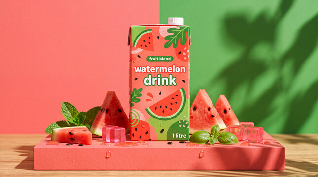 A colorful carton of watermelon drink displayed with fresh watermelon slices and mint against a vibrant red and green summer background.
