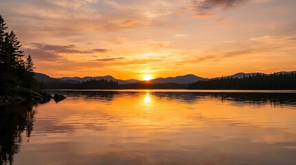 Obraz premium Golden sunset reflection on a calm mountain lake