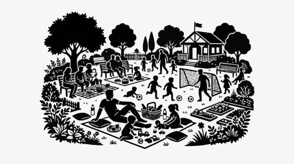 Obraz premium Family picnic scene in black and white illustration.
