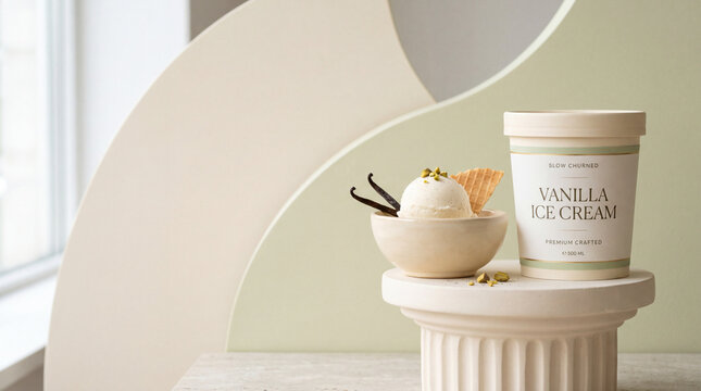 A premium tub of vanilla ice cream displayed with a creamy scoop and wafer on a classical pedestal in a soft minimalist setting.