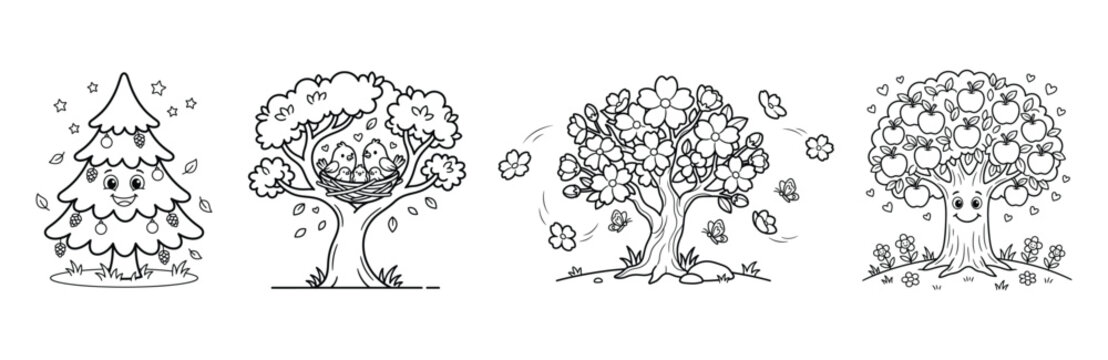 Set of cute trees with birds nest blossoms and apples in black and white coloring art style.