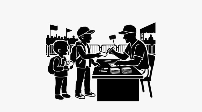 Family enjoying hot dogs at a baseball game concession stand.