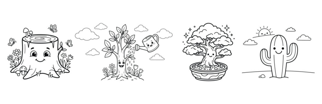 Whimsical tree stump watering tree bonsai and cactus in simple black and white line format.