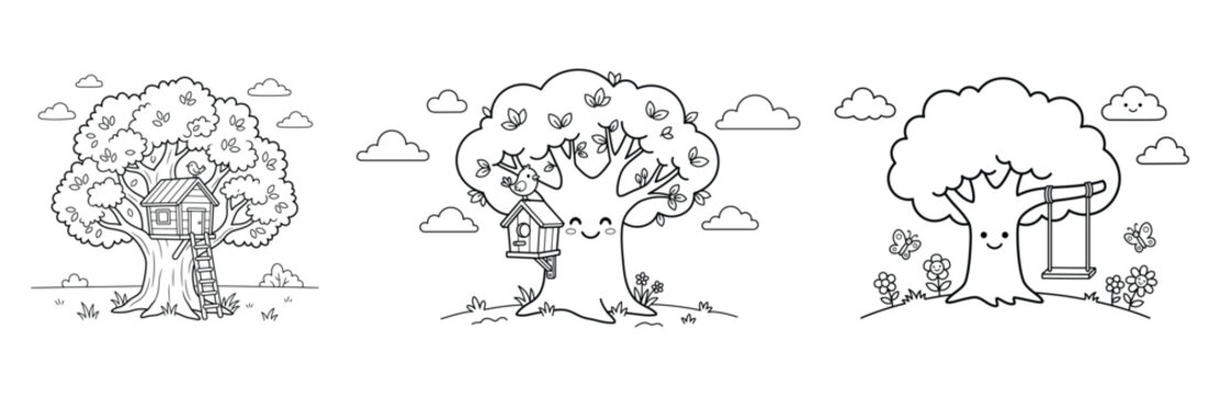 Trees with treehouse birdhouse and swing in cute black and white coloring page art style.