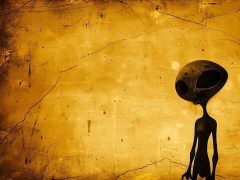 Vintage grey alien silhouette on old scratched yellow wall background for World UFO Day
