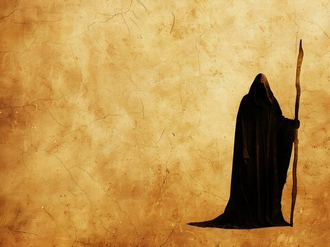 Dark hooded figure standing with wooden staff against a textured yellow background