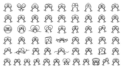 Obraz premium Continuous One Line Wine Cheers Vector Set with Hand Drawn Clinking Glasses Romantic Toast Editable Stroke Collection Isolated on White Background
