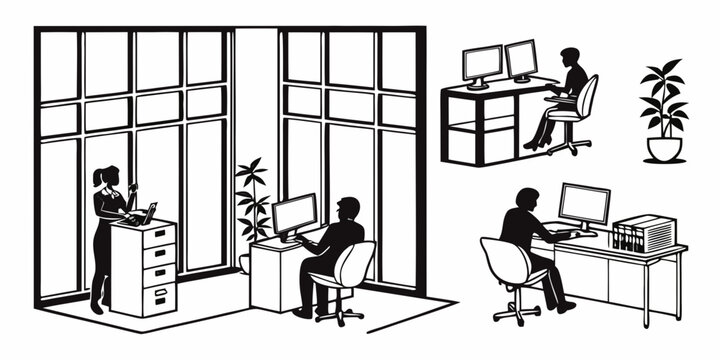 Office workspace set with three professionals using computers, desks, chairs, and laptops in a clean, modern interior