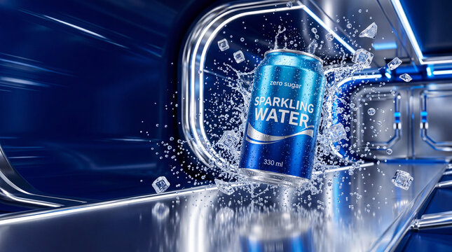 A premium can of sparkling water surrounded by ice cubes and dynamic water splashes in a futuristic blue environment, representing refreshment, hydration, energy, and modern beverage advertising.