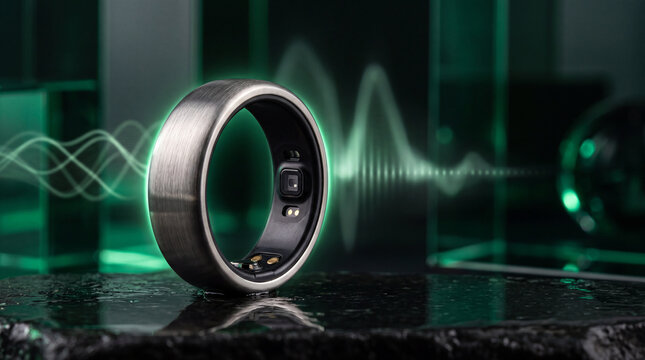 A premium smart ring with integrated biometric sensors stands in a dark green futuristic environment with glowing sound-wave graphics, representing digital health and wearable innovation.