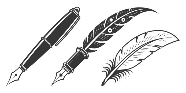 Set of 100 black calligraphy pens with ink blots on white background, writing instruments