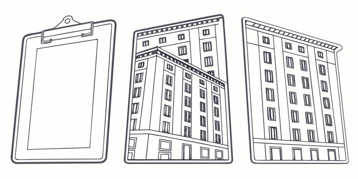 Set of three clipboard silhouettes on white background, blank paper, and lined paper stationery