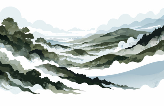 Abstract Mountain Landscape with Foggy Valleys and Distant Water during Dawn