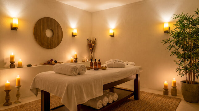 Sala de spa elegante preparada para un tratamiento de masaje con ambiente relajante y decoraci&oacute;n minimalista.
