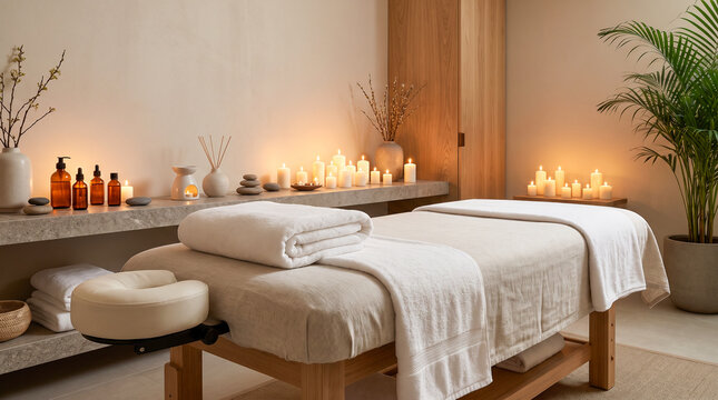 Sala de spa elegante preparada para un tratamiento de masaje con ambiente relajante y decoraci&oacute;n minimalista.