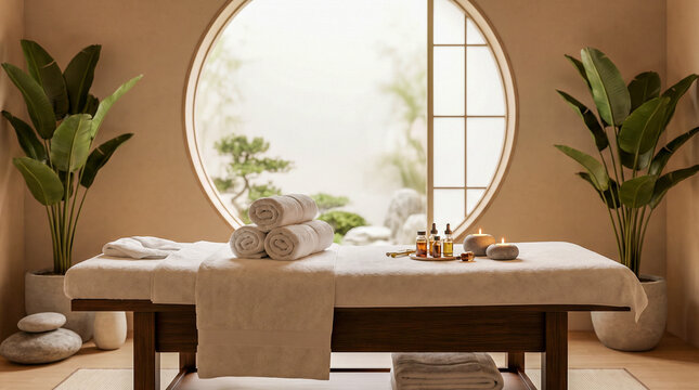 Sala de spa elegante preparada para un tratamiento de masaje con ambiente relajante y decoraci&oacute;n minimalista.