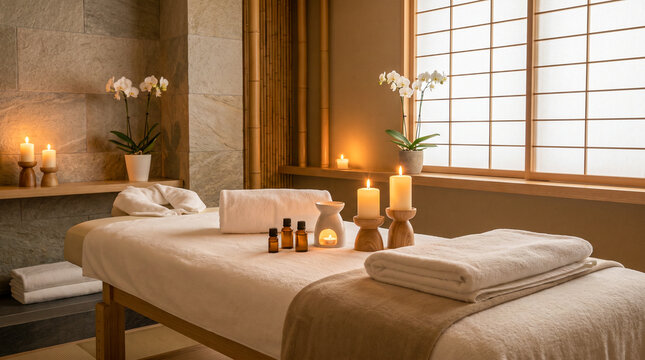 Sala de spa elegante preparada para un tratamiento de masaje con ambiente relajante y decoraci&oacute;n minimalista.