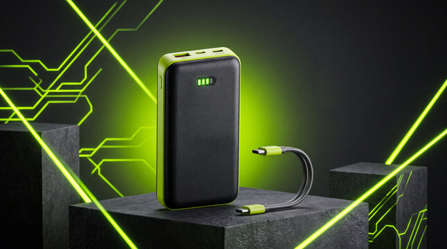 A compact black power bank displayed in a futuristic green neon environment with an illuminated battery indicator and connected charging cable.