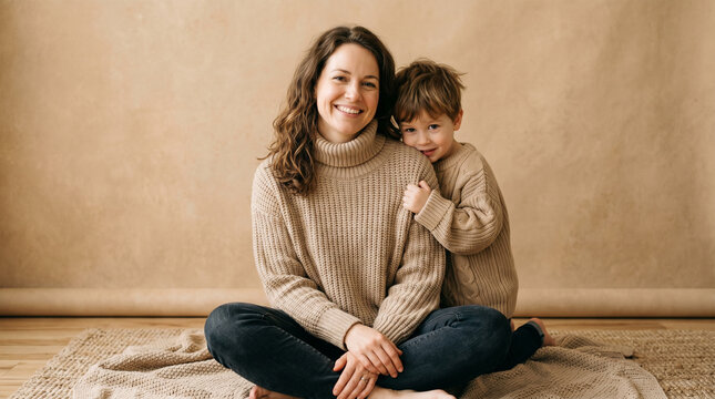 A smiling mother sits comfortably with her young son in a warm neutral home setting, capturing affection, emotional connection, motherhood, comfort, and everyday family bonding.