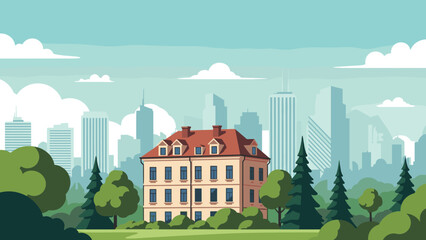 Obraz premium Elegant classic building nestled amidst lush trees, beautifully contrasting with a modern city skyline in the background, symbolizing urban development.