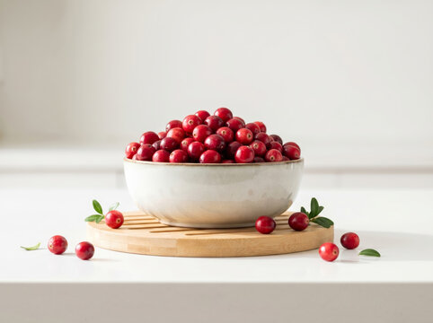 Fresh red cranberries in a white ceramic bowl on a wooden trivet