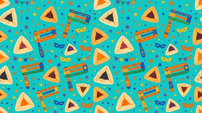Colorful purim carnival pattern with masks and traditional cookies