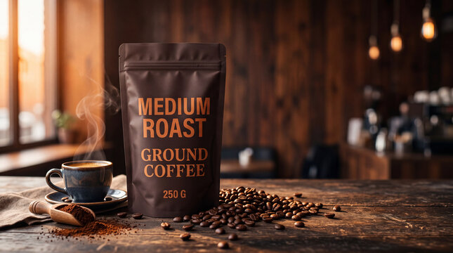 A package of medium roast ground coffee displayed with a steaming cup, roasted beans, and coffee powder on a rustic wooden caf&eacute; table.