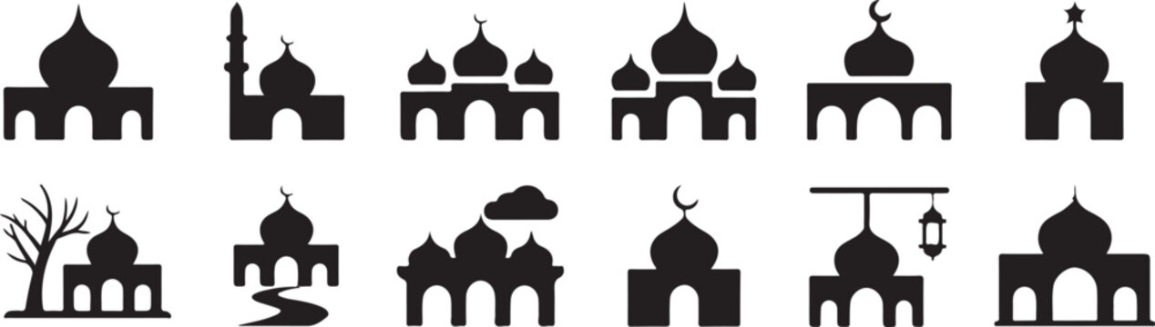 Islamic architecture mosque silhouette icons with crescent moon and star symbols representing traditional middle eastern mosques.