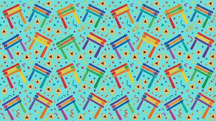 Colorful purim holiday seamless pattern with graggers and cookies