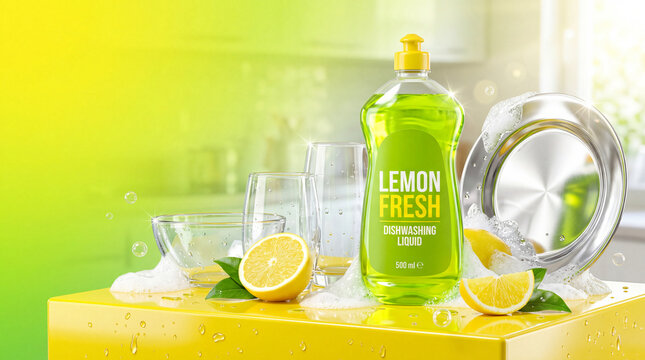 A bright green bottle of lemon dishwashing liquid displayed with clean glasses, plates, fresh lemons, and sparkling water effects.