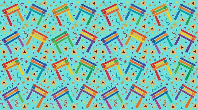 Colorful purim holiday seamless pattern with graggers and cookies